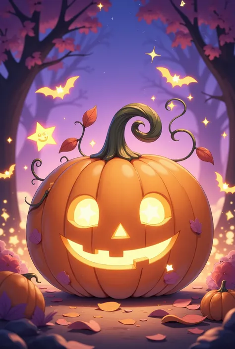 An adorable anime-style Halloween pumpkin with a cheerful, fantasy twist. The pumpkin has a cute, smiling face carved with large, sparkling eyes and a friendly expression, It’s decorated with whimsical details like tiny glowing stars, magical sparkles, and...