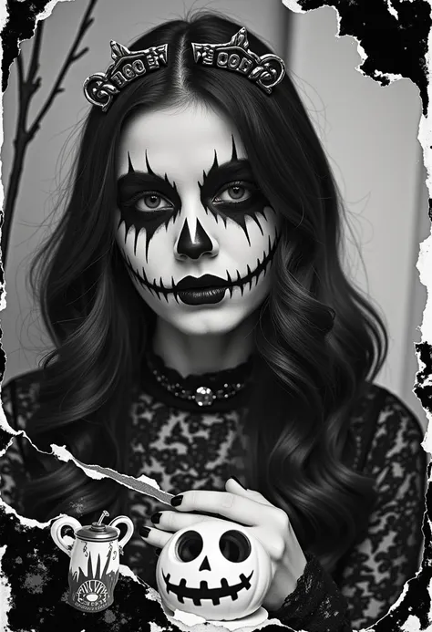 halloween style portrait photography ，black and white color blend ，(double exposure:1.2)，1girl, whole body, ( halloween makeup b...