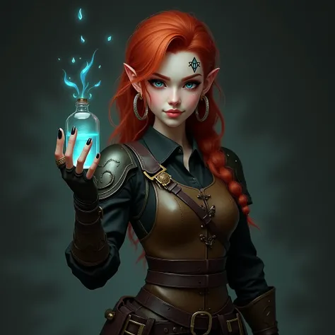 young woman,  white skin red hair and very long, with and golden ornaments,  hoop earrings small eyes shaved on the side with a tattoo,  sapphire blue eyes dressed in a black shirt with long sleeves , brown vest, Armor, above all black, brown belt, gloves ...