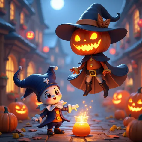 Happy halloween festive atmosphere, detailed halloween festival background. Jack OLantern and Jack Frost, from Megami Tensei. video game character, "pumpkin dressed as a witch from the black magician!!!, pumpkin with a witch hat and cape, Jack-o-lantern, f...