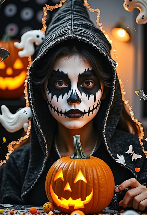 halloween style portrait photography ，(blending black and white and color:1.5)，(double exposure:1.2)，halloween night， the kids a...