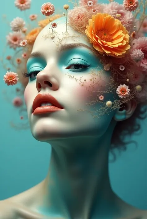 Create a surrealist portrait with an ethereal and dreamlike quality. The face should blend realistic features with abstract, fluid shapes that distort and flow around the subject. Include unexpected elements, such as floating objects, fragmented textures, ...