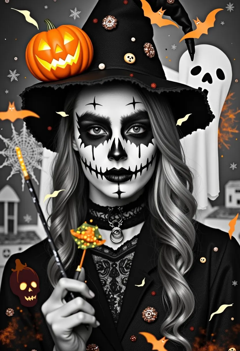 halloween style portrait photography ，(blending black and white and color:1.5)，(double exposure:1.2)，a scary and bizarre town,ha...