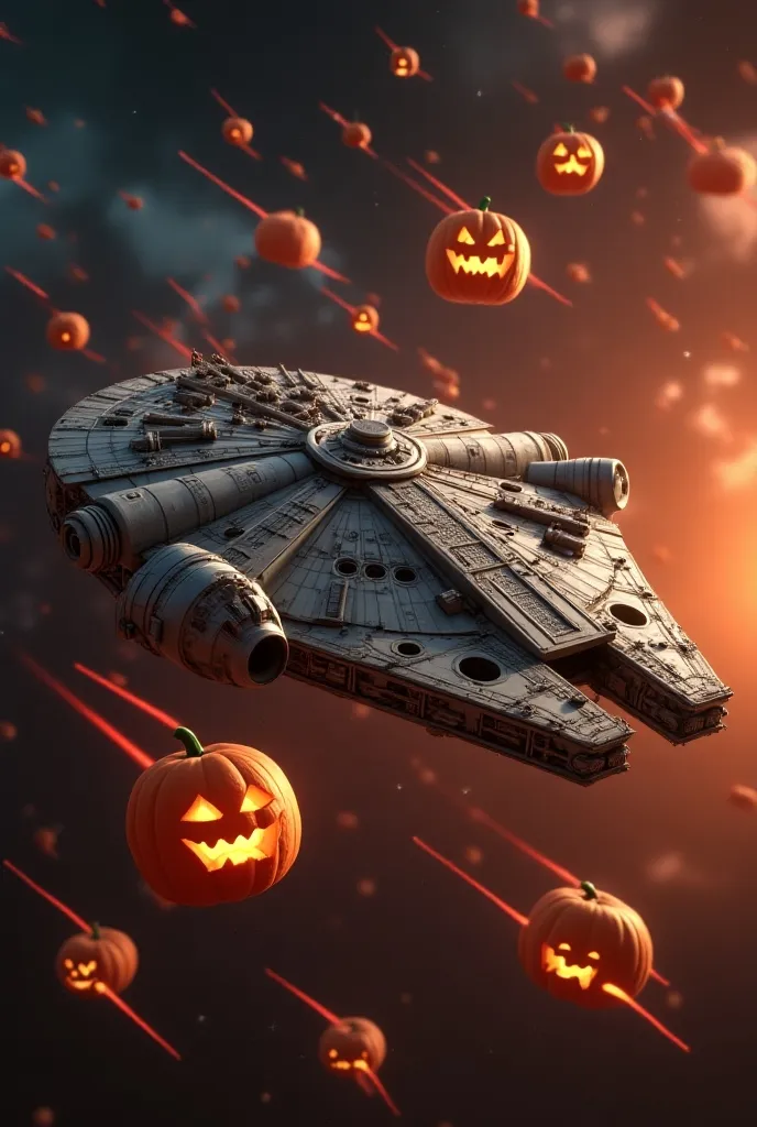 Space War, the Falcon emitting laser beams, small ships in the shape of haunted pumpkins flying around it, movie poster style art,