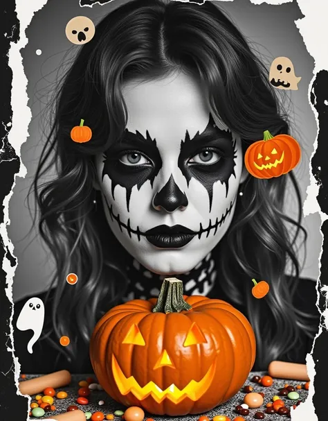 halloween-themed portrait photography, blending black and white and color, double exposure, 1girl, blurred halloween makeup port...