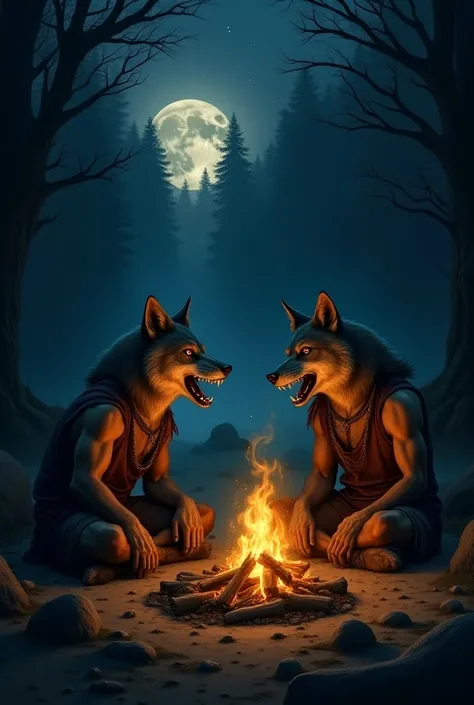 night forest. Two men with wolf heads are sitting around a campfire