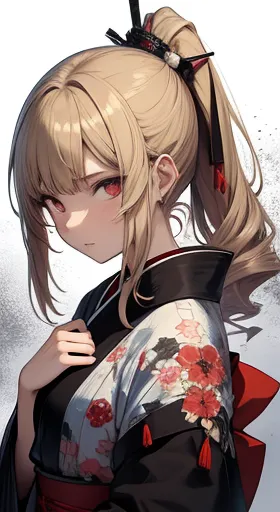 top-quality、 Highest quality 、​masterpiece、With a girl((18 years old、  black kimono、Best Bust、、Blonde、 ponytail、Red eyes、Open your chest wide、happiness、Return blood、Holding a Japanese sword)）high quality、 visual art 、background with((mean))、black and white world 