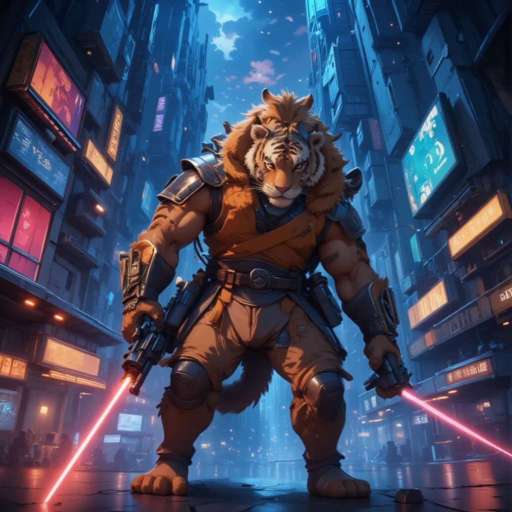 cyberpunk tiger warrior, neon lights, futuristic city, holding laser gun, concept art, highly detailed, 8k, ultra-detailed, phot...