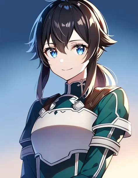 (high-quality, breathtaking),(expressive eyes, perfect face) 1girl, femboy, solo, portrait, Sword Art Online, Alicization, Symmetrical Eyes, simple background, gentle smile, medium hair, fluffy hair, fantasy outfit, SAO inspired, HuoHuo, armor, chest plate...