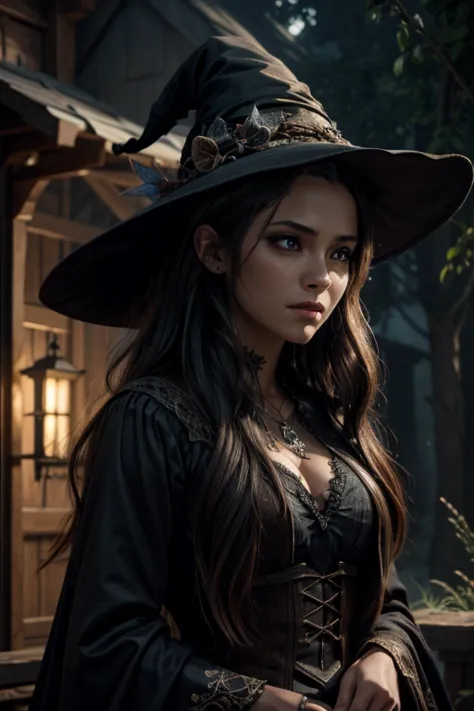 "witch, dark, highly detailed, hyper-realistic masterpiece, character design, volumetric lighting, fairy lights, intricate detai...