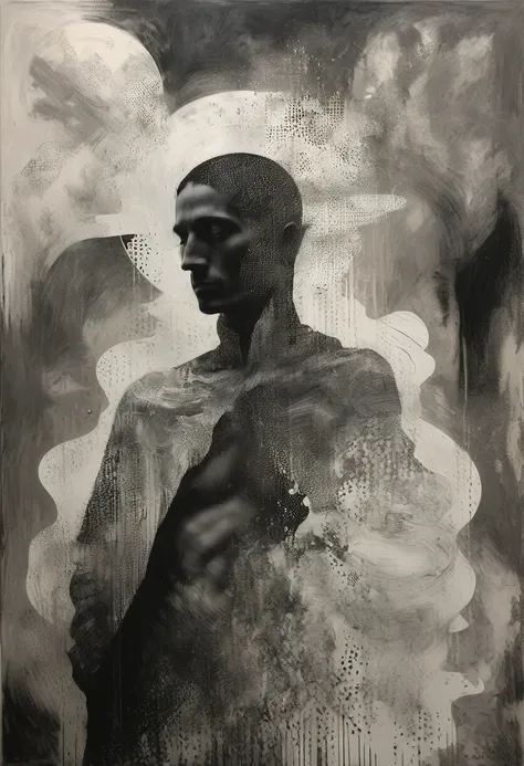 monochrome black and white, a dark-toned figurative painting of a male figure, blending abstract and realism. the male figure is...