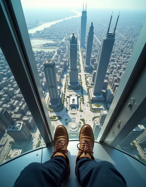 First person perspective, looking down, Look at your feet, only feet visible, standing next to a Skyscraper. Beautiful views of the Cityscape from the Skyscraper