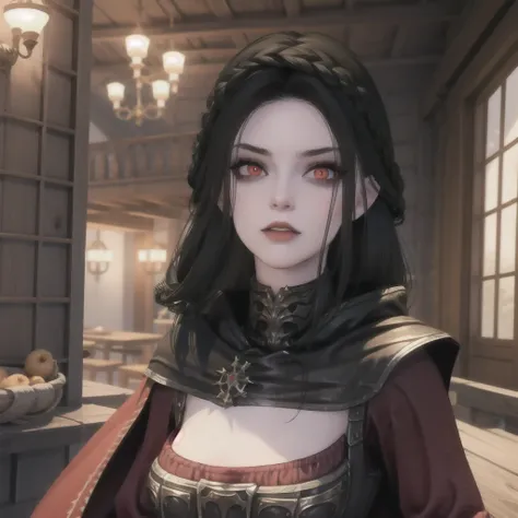 masterpiece, best quality, 1girl, serana, chibi, red eyes, black hair, long hair, armor, cape, red sleeves, cleavage cutout, disgusted face, looking at viewer, portrait, glaring, parted lips, from below, indoors, caslte,