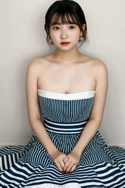 beautiful detailed eyes, 1girl, wear a striped strapless dress, short hair, sitting, white skin, little fat, indoor