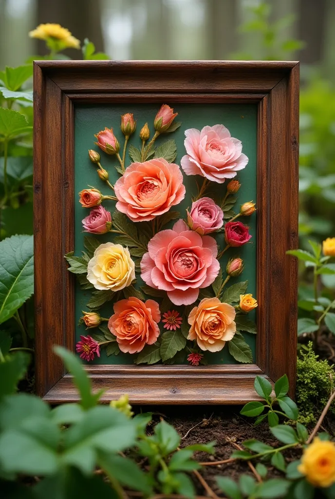 Create a photo with a picture frame that catches the eye of the buyer using a beautiful straight wooden color frame ,  and in the frame there is an artwork made of dried flowers
many dried roses  ,  hydrangeas that are colorful and have a variety of curved shapes ,  straight, it should look like a sticky substance embedded in .  Do not leave a lot of white space in the picture
Surrounding background is fresh nature with spring plants like in the forest but don't leave painting on the logs, Like a fairytale garden 