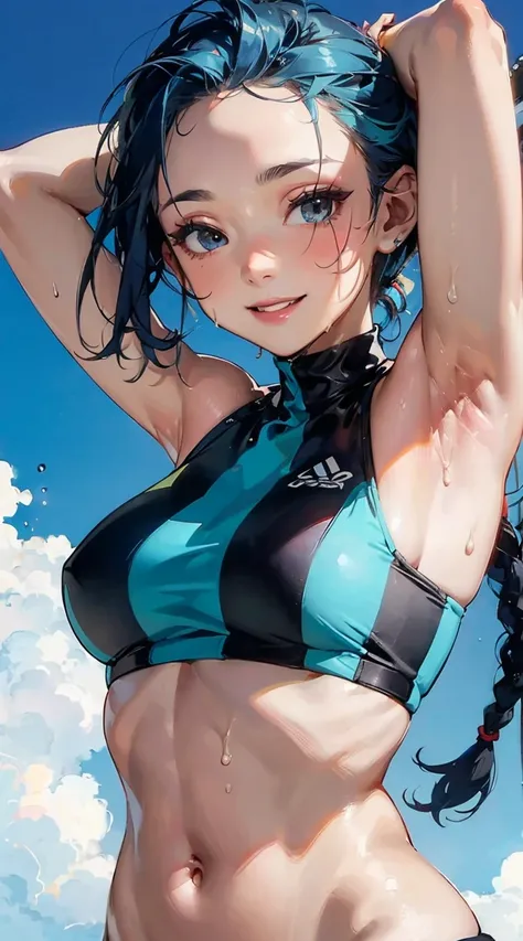 crop top overhang, underboob, cyan, looking at viewer, smile, outdoor, sky, double eyelid, long eyelashes,multicolored hair,single side braid, expose forehead,sweat, splash sweat, hand behind head, dynamic pose