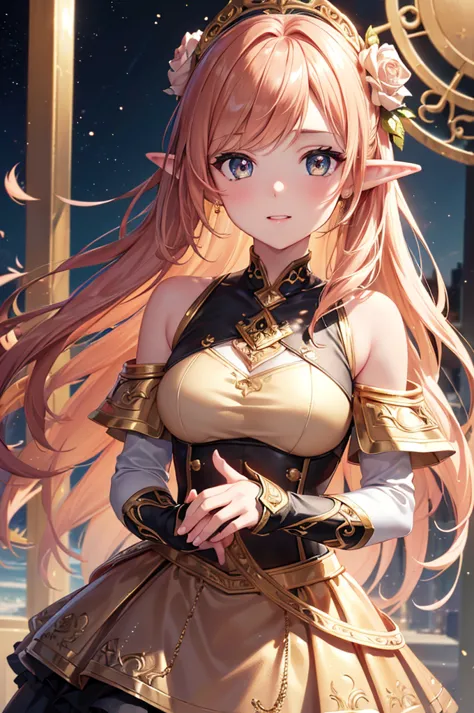 (Best quality at best,8K,A high resolution,tmasterpiece:1.2),Digital artwork, one girl, detailed face, detailed eyes, beautiful, young elf woman, rose gold colored hair, bubbly personality, black and gold clothes, sweet, caring, off the shoulder top, white skirt, 