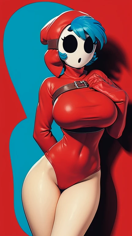 Shygal has large breasts and she is wearing her classic red style with blue hair 