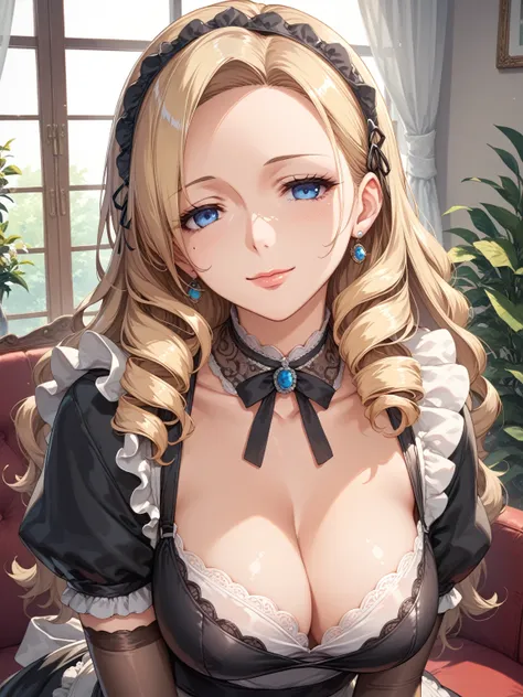 score_9, score_8_up, score_7_up, blonde, long hair, blue eyes, perfect eyes, anime milf, elegant mature woman, wise face, black maid outfit, medium breasts, home, soft light