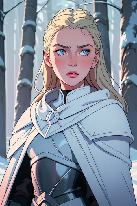 lyanna mormont,
little lord lady,
sleek hair,slicked hair,very light blonde hair,
light blue eyes,cold white skin,sunkissed blus...