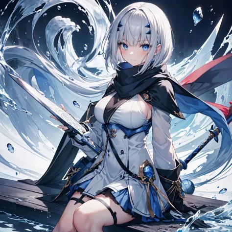  high quality, masterpiece, Delicate Hair, Delicate eyes, Delicate Hair, ((masterpiece, 最 high quality)),  high quality, masterpiece, Delicate Hair, Delicate eyes, One Girl,(Gray Hair)), blue eyes ,smile, Daikon,Long Hair,Dragon Horn,(Blue Sword),(loose  bob cut),((Black Cape)),((Petite)),((Large Breasts)), (( bob cut)), (Blue Sword),(( miniskirt 　 Garter Belt)),((scarf)), ((Sitting)), ((Baggy sleeves)),Master Swordsman, Blue moon floating in the sky, Knight , floating blue flowers falling off ,Remains of upper body,  Strong Shadow  ,Ash,,ice,((Ink wAsh painting)),((ink splAshing)),((color splAshing)),