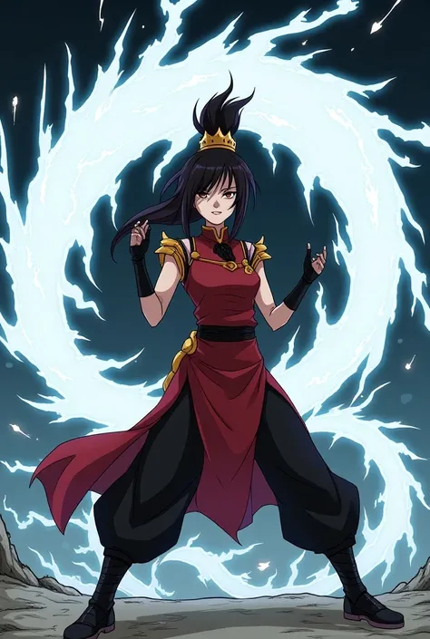 “Azula” The fire nation princess from the animated series Avatar: The Last Airbender, preforming Sasuke Uchiha’s lightning style jutsu Kirin from the Anime series Naruto: Shippuden. Manga Style. She has pale skin, sharp golden eyes, and long, dark brown ha...