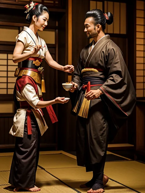 samurai man and a happy geisha, dancing, japonense ambience with a antique coffee machine, and cups of hot coffe. hd