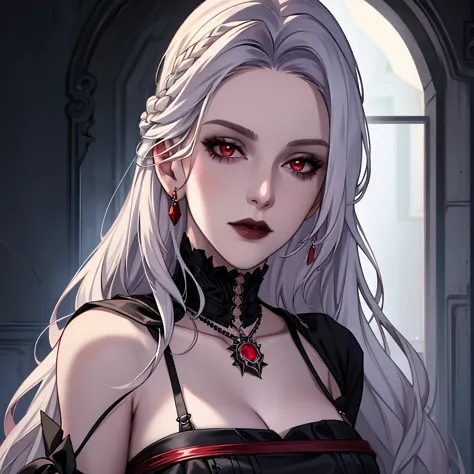 Realistic Portrait, Elegant mature woman (1 female), with red eyes, white hair, long hair, ruby amulet, focus on face, close up shot, cleavage, gothic black dress, only upper body, up to waist, soft light, high detail, 4k resolution, high quality, beautifu...