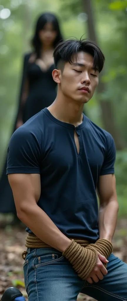  short-haired man with slightly shaved head ,  Korean handsome Asian man wearing ripped T-shirt Navy round neck T-shirt, (Ripped T-shirt  ,Big muscles,  handsome fit figure , Jeans ,ลำตัวใหญ่ แขนใหญ่ Big muscles หน้าอกกระชับ Big muscles, , body tied with t...