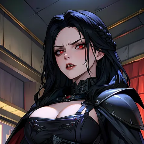 masterpiece, best quality, 1girl, serana, chibi, red eyes, black hair, long hair, armor, cape, red sleeves, cleavage cutout, disgusted face, looking at viewer, portrait, glaring, parted lips, from below, indoors, caslte