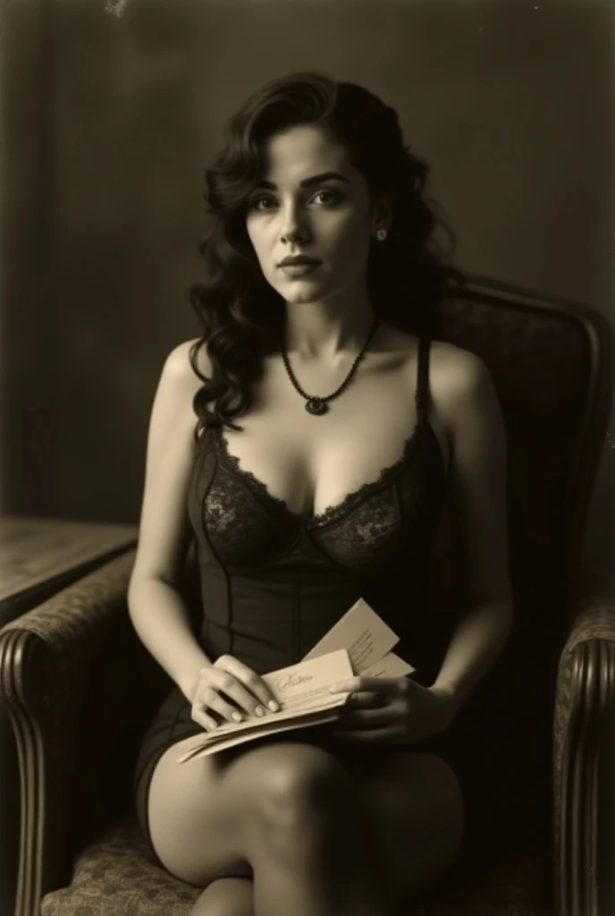 Sepia vintage photo from the 1930s   ,    a large portrait of a 30-year-old woman with very large breasts, big hips, beautiful figure, in dark vintage lace underwear,   in stockings,  necklace, letters in hand ,   looks at the viewer  , long dark hair,    ...