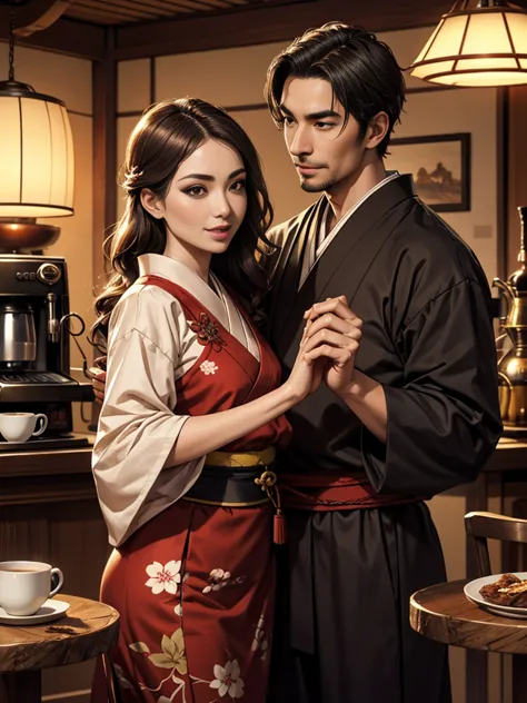 samurai man and a happy geisha, dancing, japonense ambience with a antique coffee machine, and cups of hot coffe. hd