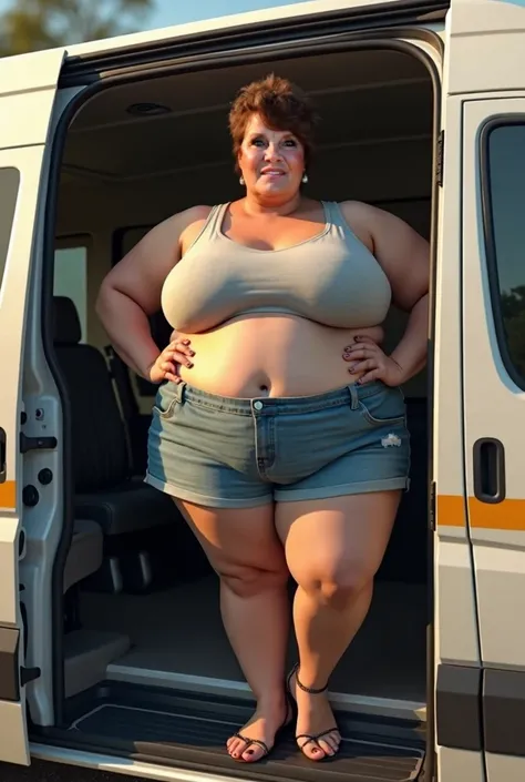 Light brown white woman short hair type bop 60 years old big thick size XXL huge breasts and big belly thick legs and high-heeled sandals size XXL in the 4x4 van looking at the camera with the door open. 