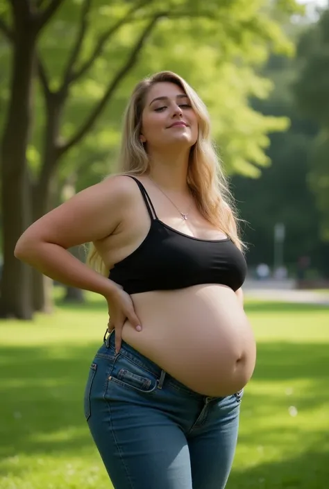 beautiful chubby gen z woman in a park. fat, overweight, exposed stomach, blonde, tight and revealing casualwear, skin tight. big thighs and belly. candid, casual shot