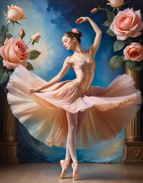 Classical oil painting medium. (Masterpiece:1.2), (Realistic:1.3), (Top Quality, High Resolution, Extremely Detailed), Beautiful 19th century portrait of a  French ballet dancer (jump float pose, perfect dynamic pose, jump pose), beautiful ballet costume, ...