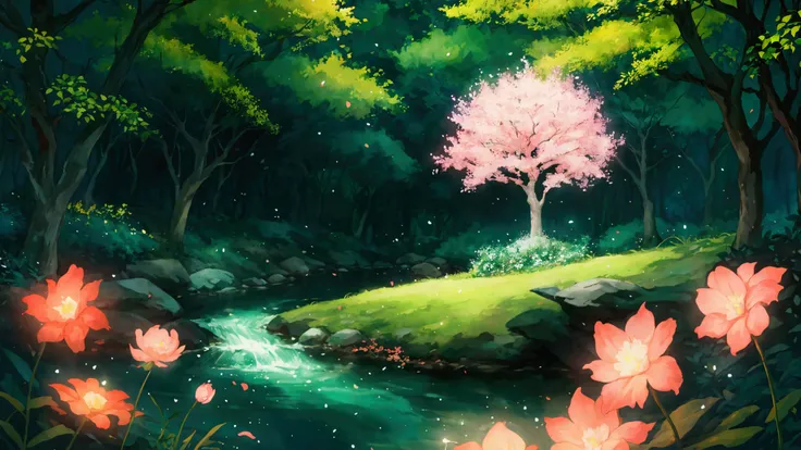 Glowing Forest Cozy Day Sparkling , Lofi anime style , floral , landscape , natural , Glowing Flower , River