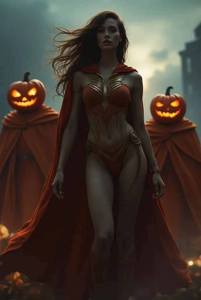 ((masterpiece, highest quality, Highest image quality, High resolution, photorealistic, Raw photo, Extremely detailed CG unified 8k wallpaper)), (huge stunning goddess shot, very hot and sexy, jaw-dropping beauty, perfect proportions, beautiful body, slim body beauty:1.4), Pumpkins, pumpkin heads, female superheroes, standing with their cloaks dominated by the wind, hands on hips, legs open, watching over the city at night,