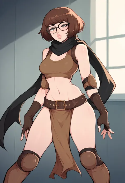 sexy girl, bob hair, brown hair, glasses, lips, half closed eyes, faint face, perfect legs, in room city, loincloth, black scarf...