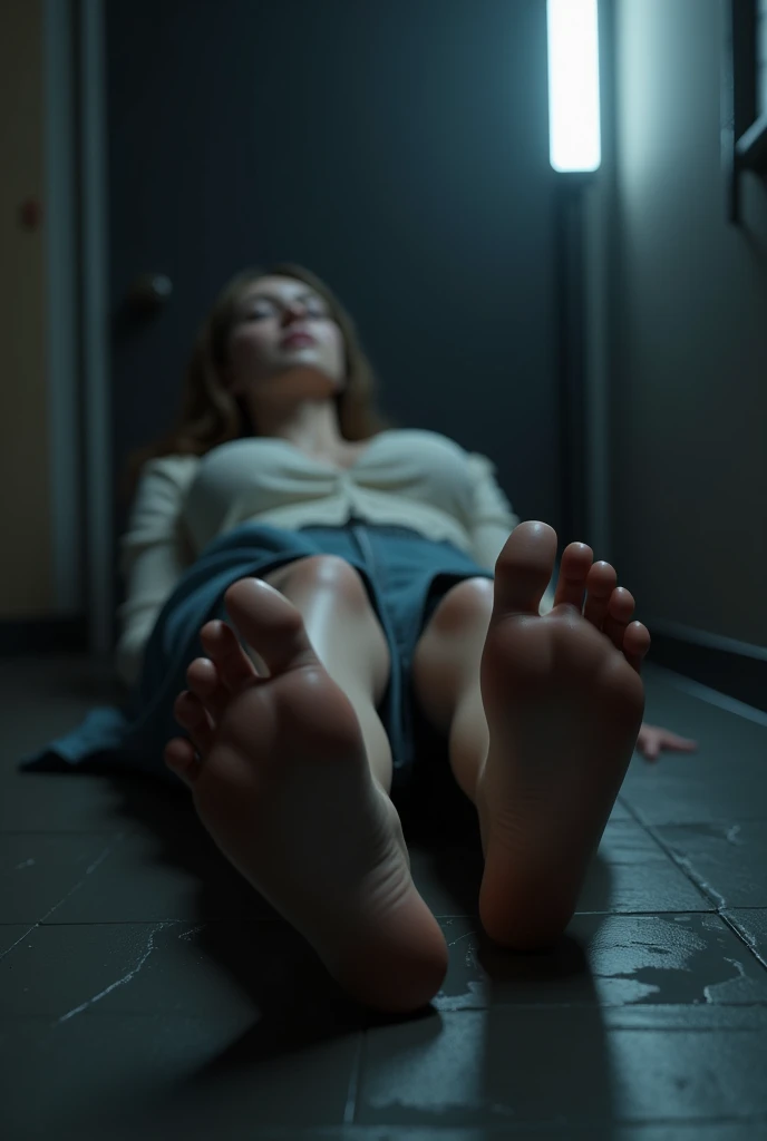 unconscious woman feet, cinematic