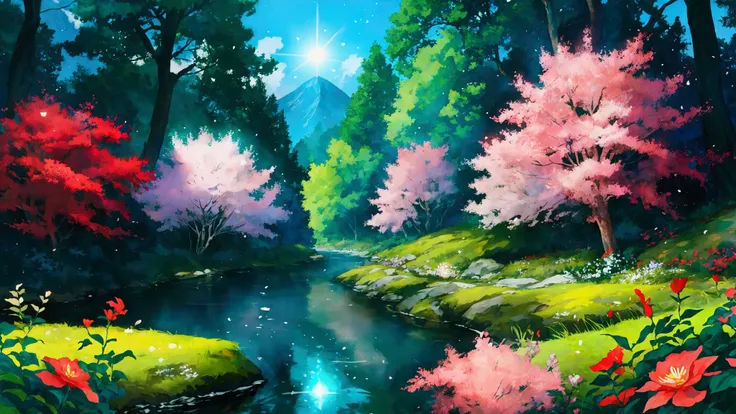 Glowing Forest Cozy Day Sparkling ,Bright morning , Lofi anime style , floral , landscape , natural , Glowing Flower , River