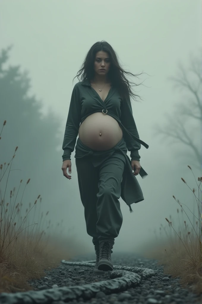 A pregnant woman ,  with lead behind her 