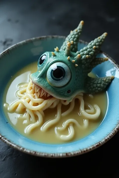  plate of cream soup made of fish with the appearance of a dragon  .  it looks very viscous sticky . It doesnt look pretty  ,  the dish is horrible to look at and inedible it is not easy to see but it is tasty because it is a " dragonian fish " . It is the...