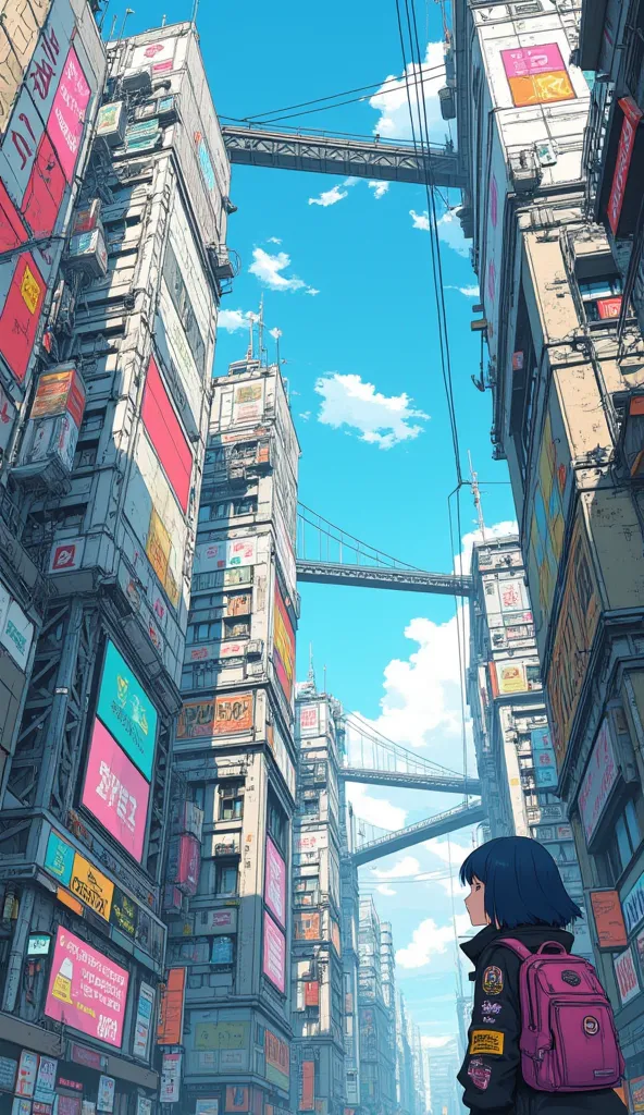 An anime-style scene in a futuristic, cyberpunk cityscape viewed from a very low angle, looking up at the towering, worn-down buildings. The buildings feature large, colorful billboards and neon signs, blending decayed urban structures with futuristic technology. Overhead, there are interconnected bridges and wires stretching across the sky, which is bright with soft clouds. Among the tall buildings, at the bottom right corner of the image stands a young girl with short, dark blue hair stands with her back to the viewer, wearing a backpack and a jacket adorned with patches. She gazes upward in awe, overwhelmed by the towering structures. The scene is full of vibrant colors and detailed line work, typical of anime-inspired art.