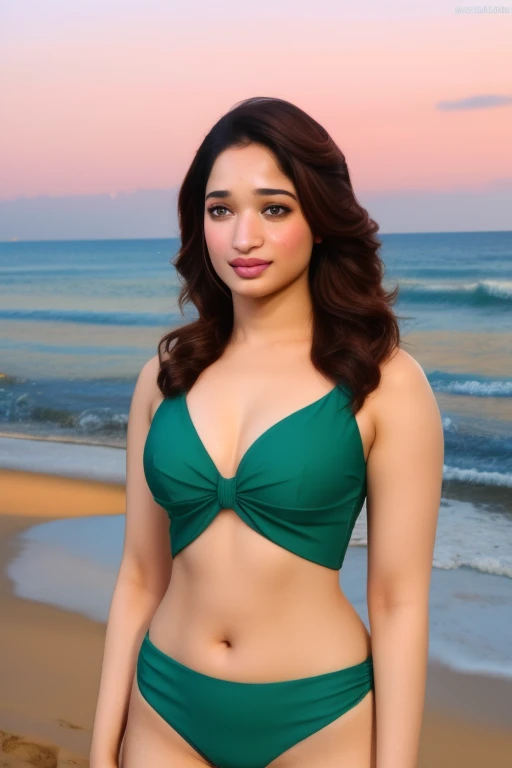 uma foto de Tamannaah Bhatia, resembling Tamannaah Bhatia, standingn, alone,, perfect slim nose, beautiful face, symmetrical eyes, perfect mouth, Black Wavy hairstyle, green eyes, beautiful eyes, symmetrical and round, with an enchanting look. green eyes r...