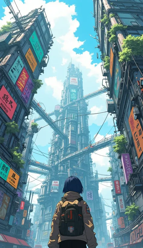 An anime-style scene in a futuristic, cyberpunk cityscape viewed from a very low angle, looking up at the towering, worn-down buildings. The buildings feature large, colorful billboards and neon signs, blending decayed urban structures with futuristic tech...