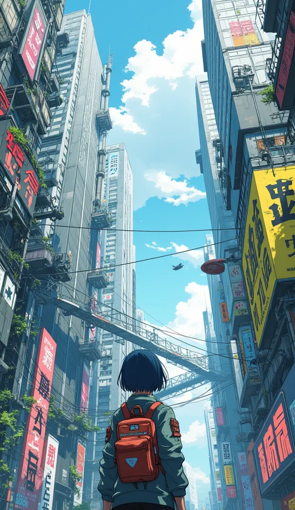 An anime-style scene in a futuristic, cyberpunk cityscape viewed from a very low angle, looking up at the towering, worn-down buildings. The buildings feature large, colorful billboards and neon signs, blending decayed urban structures with futuristic tech...