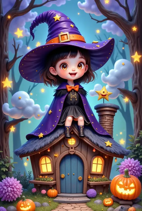 The lovely Chibi witch playfully perches on the roof of a whimsical witchs hut, Surrounded by swirling smoke and colorful stars , Incorporates a purple vibrant alcohol ink texture , green, and gold, shows a playful smile and playful eyes , Charming and...