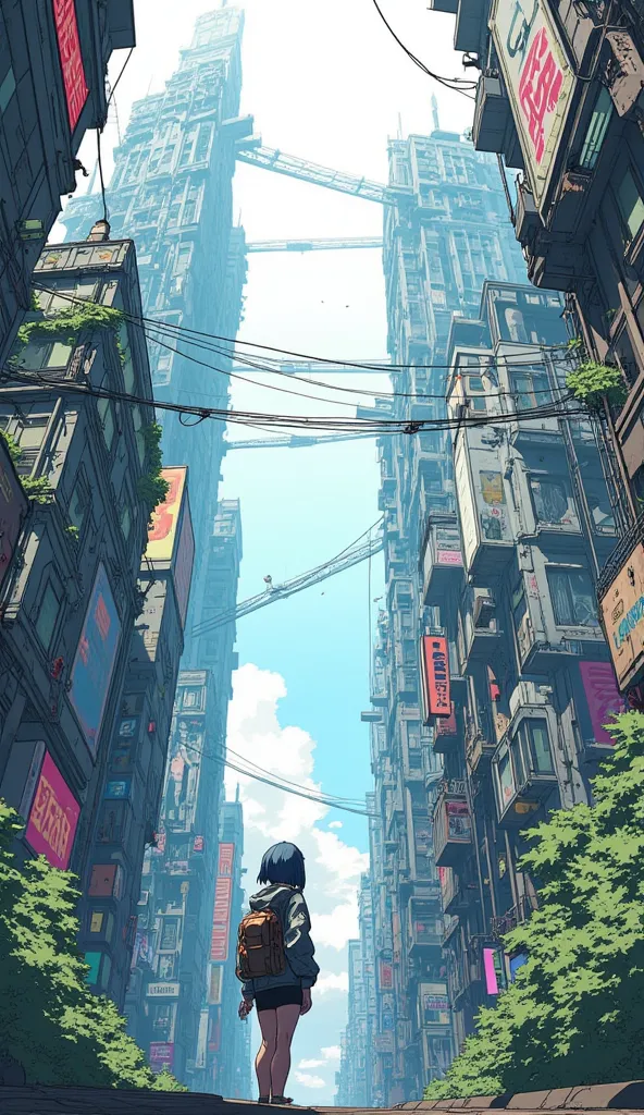 An anime-style scene in a futuristic, cyberpunk cityscape viewed from a very low angle, looking up at the towering, worn-down buildings. The buildings feature large, colorful billboards and neon signs, blending decayed urban structures with futuristic technology, some are slightly overgrown with patches of greenery. Overhead, there are interconnected bridges and wires stretching across the sky, which is bright with soft clouds. All the buildings are so tall that they disappear into the clouds in the sky. Among the tall buildings, at the bottom right corner of the image, stands a young girl with short, dark blue hair stands with her back to the viewer, wearing a backpack and a jacket adorned with patches. She gazes upward in awe, overwhelmed by the towering structures. The scene is full of vibrant colors and detailed line work, typical of anime-inspired art.