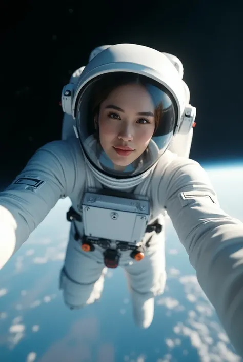 a female cosmonaut taking a selfie in space. She has a white spacesuit, and her head is inside a transparent helmet