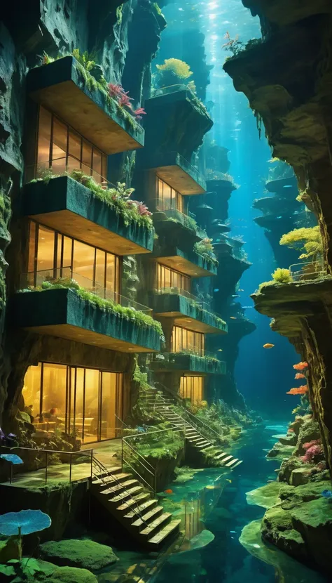 submerged city an underwater city, where buildings are made of bioluminescent coral and streets are formed by paths of seaweed t...